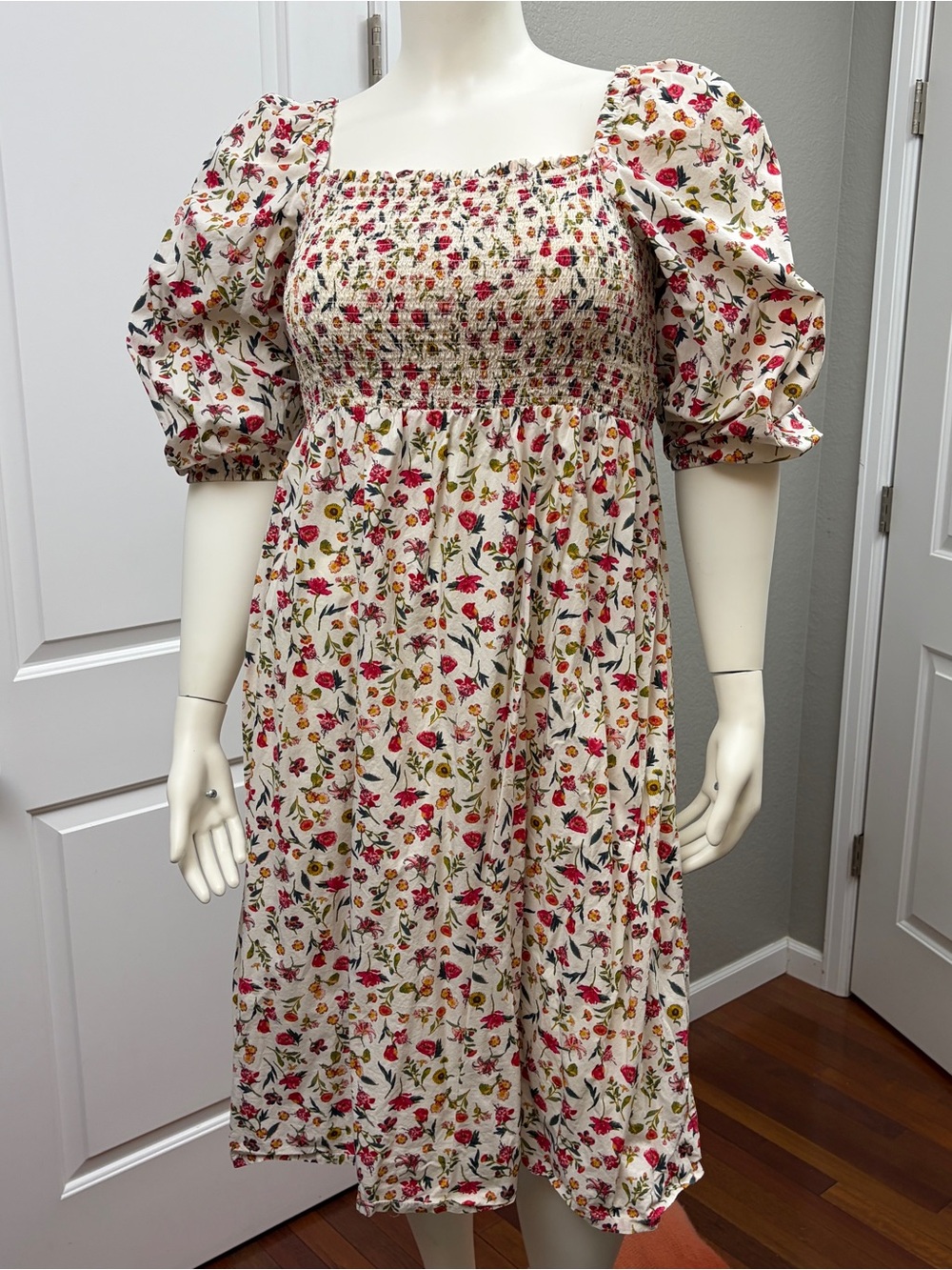 J.Crew Floral Smocked Midi Dress Ivory Wildflower Cotton Puff Sleeve XXL